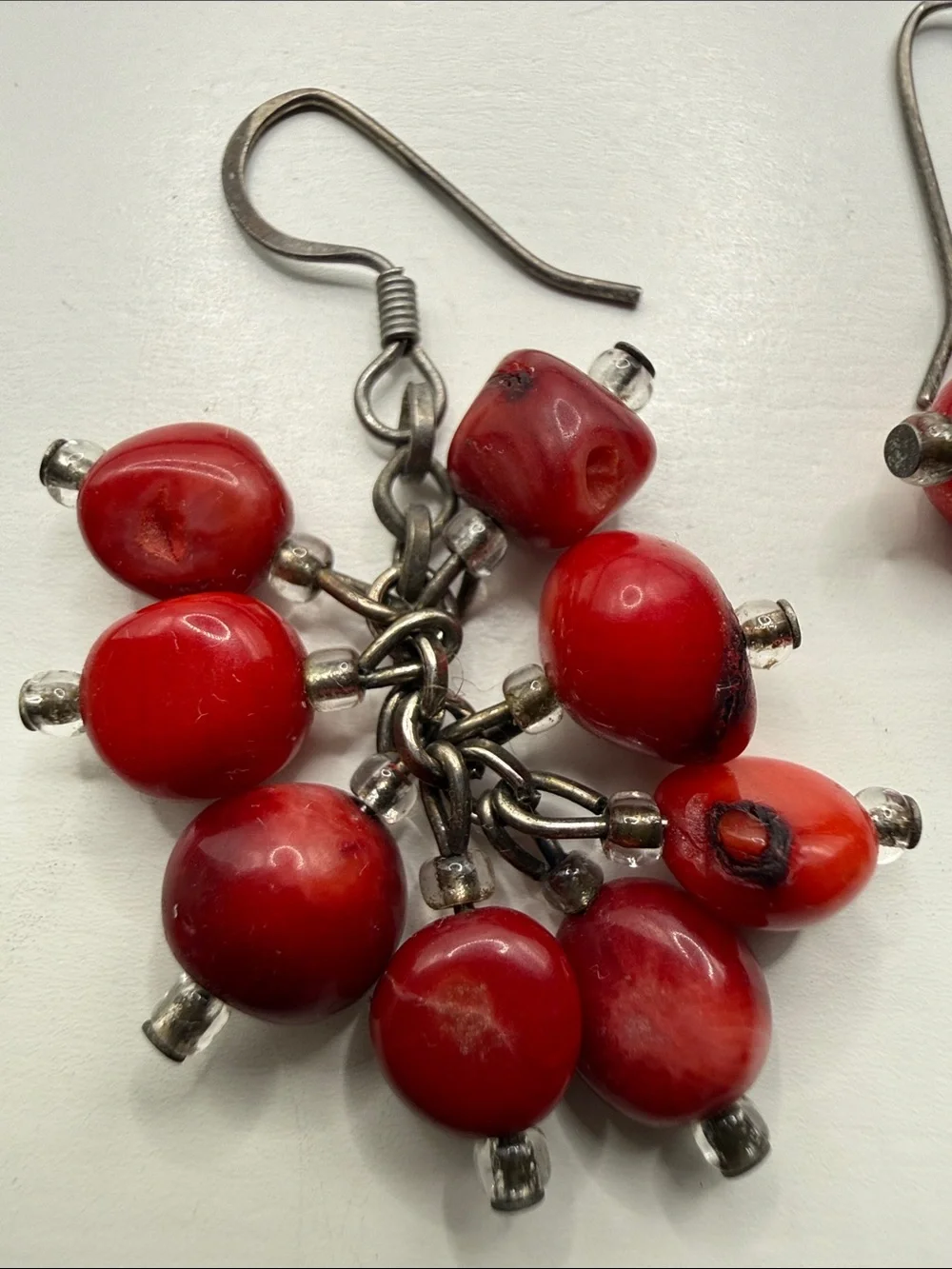 Vintage red natural drilled coral Bead Dangle Earrings silvertone dangles